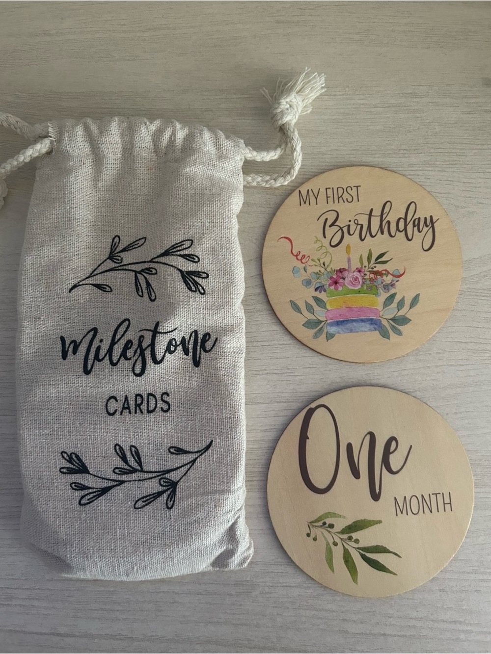 Milestone Cards Set with Linen Drawstring Pouch - Neutral Cream